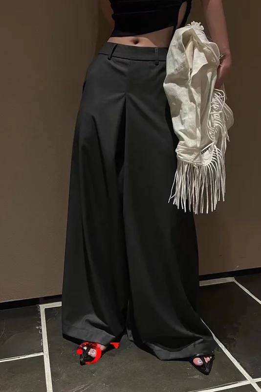 

Женские брюки с высокой талией и широкими штанинами, модные осенние свободные брюки, визуально стройнящие, универсальные длинные брюки с высокой талией