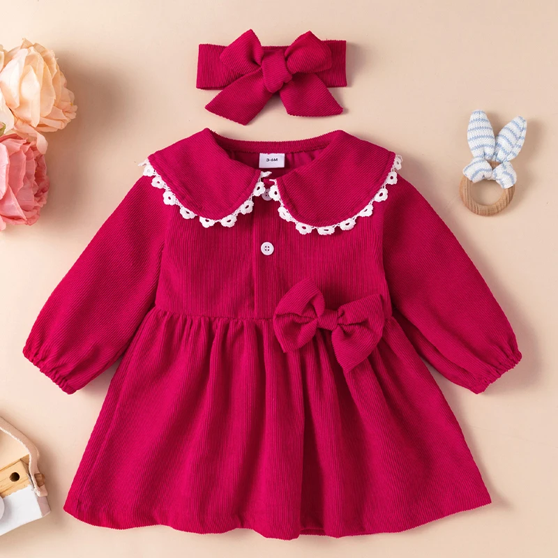 2PCS Autumn and Winter Baby Girl Rose Corduroy Lace Button Dress with Bow Headband Accessories Kid Suit 3M-24M