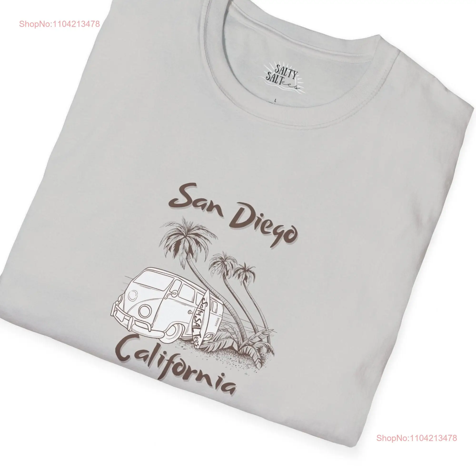 San Diego California T Shirt Old Bus Beach with Surf Board Palm Trees Summer Salty Saltees long or short sleeves