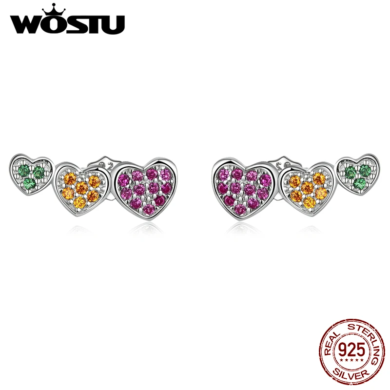 WOSTU 925 Sterling Silver Colorful Green Orange Pink Heart Zircon Stud Earrings For Women Fashion Party Jewelry Gift CTE588