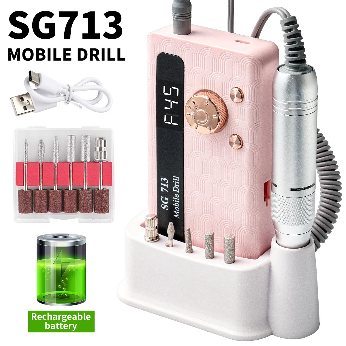 آلة حفر الأظافر القابلة لإعادة الشحن بقدرة 45000 دورة في الدقيقة مع قاعدة سطح المكتب، أظافر كهربائية محمولة احترافية لباديكير مبرد الأظافر