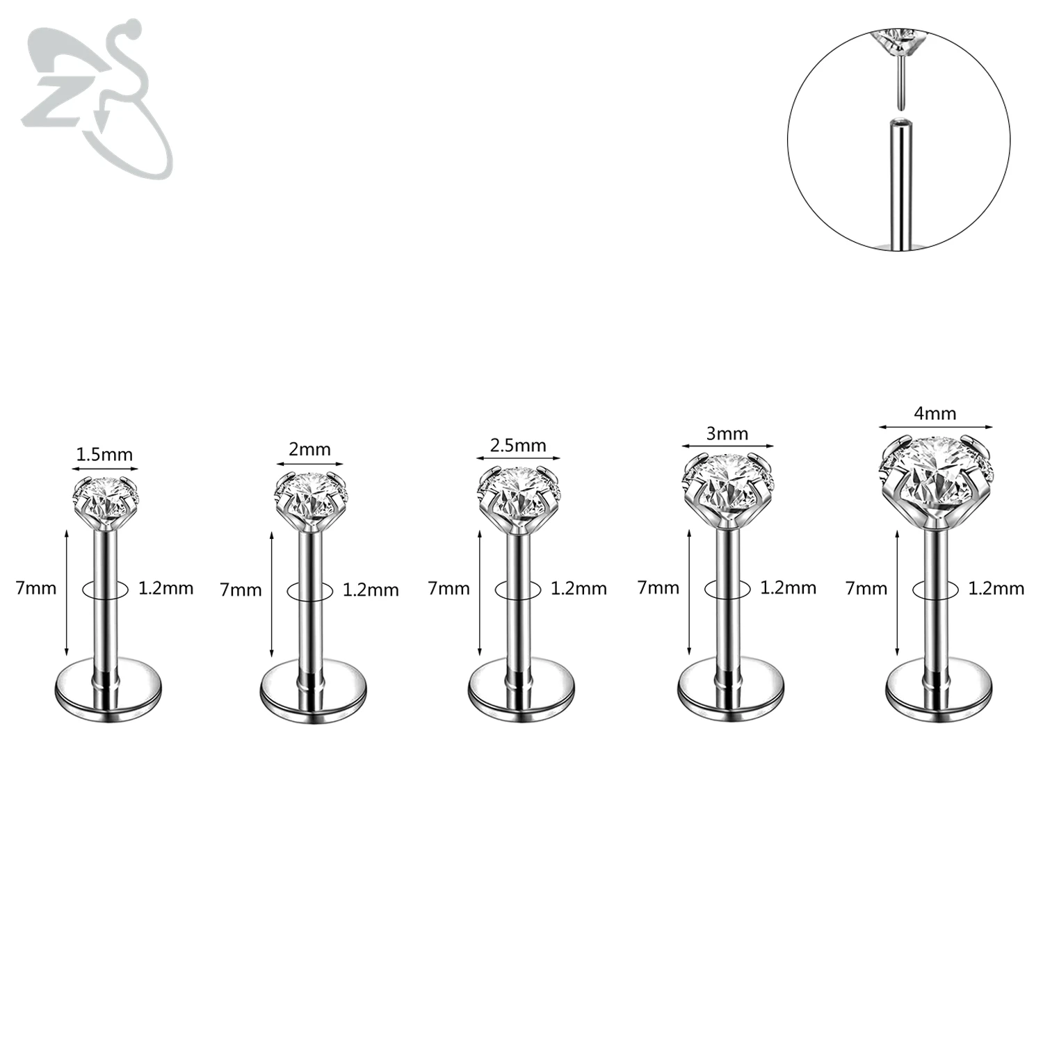 ZS-Piercing de acero inoxidable 316L para labio, Piercing para cartílago de oreja de cristal CZ, Tragus Helix, 16G/18G/20G, 1,5 MM-4MM, 1 pieza