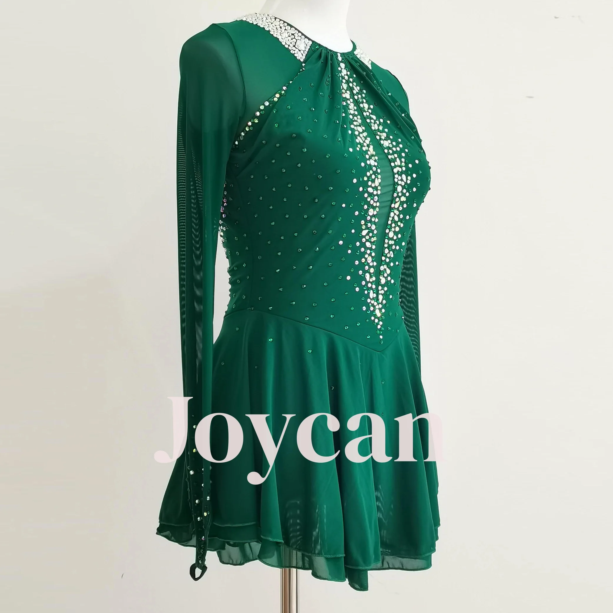 JoyCan Ice Figure  Skating  Dress Girls Green Spandex Stretchy Mesh Competition Dance Wear Customized JC240