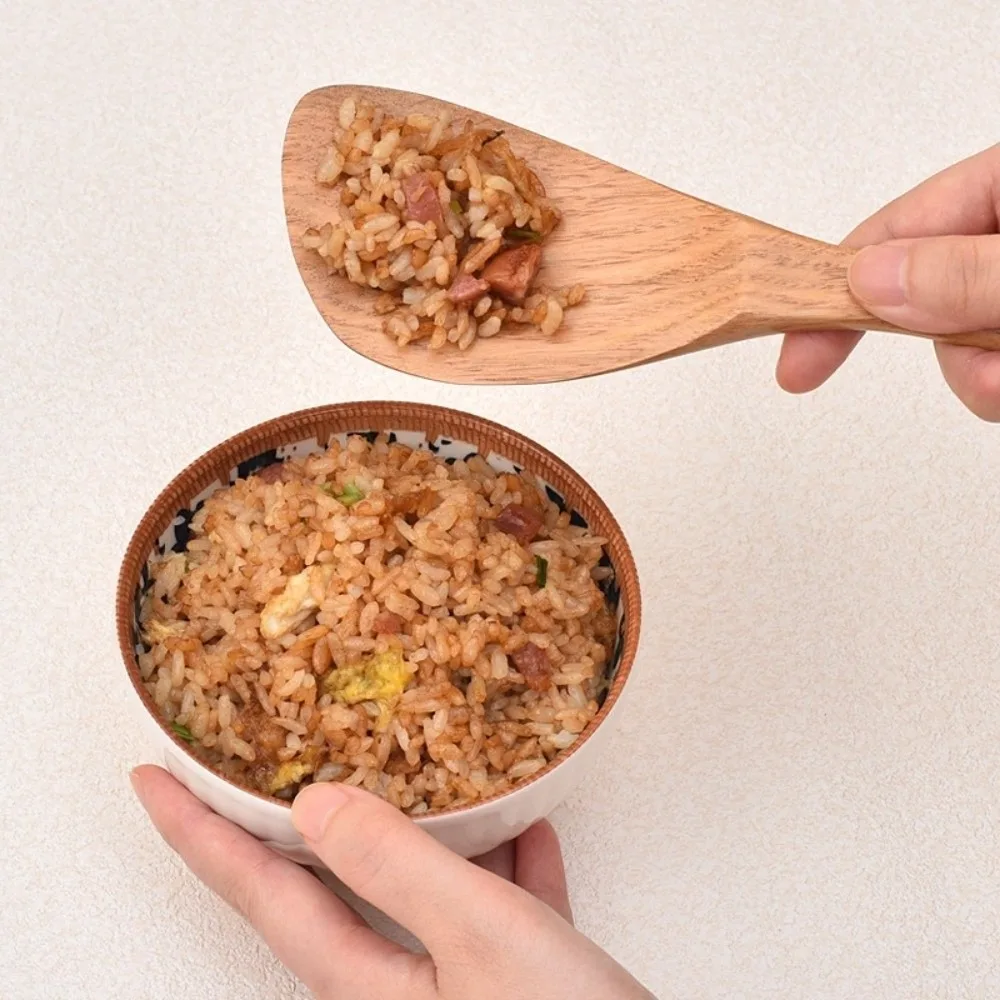 Standable Wooden Rice Paddle Smooth Surface Ergonomic Handle Kitchen Serving Scoop Solid Wood Handheld Rice Serving Spoon