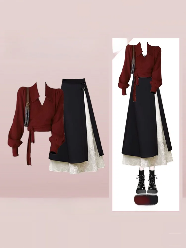 

Red Spicy Girl Slim Fit V-Neck Knitwear Women's High Waist Half-Body Skirt Set Short Sleeve Casual Fashion Autumn Design