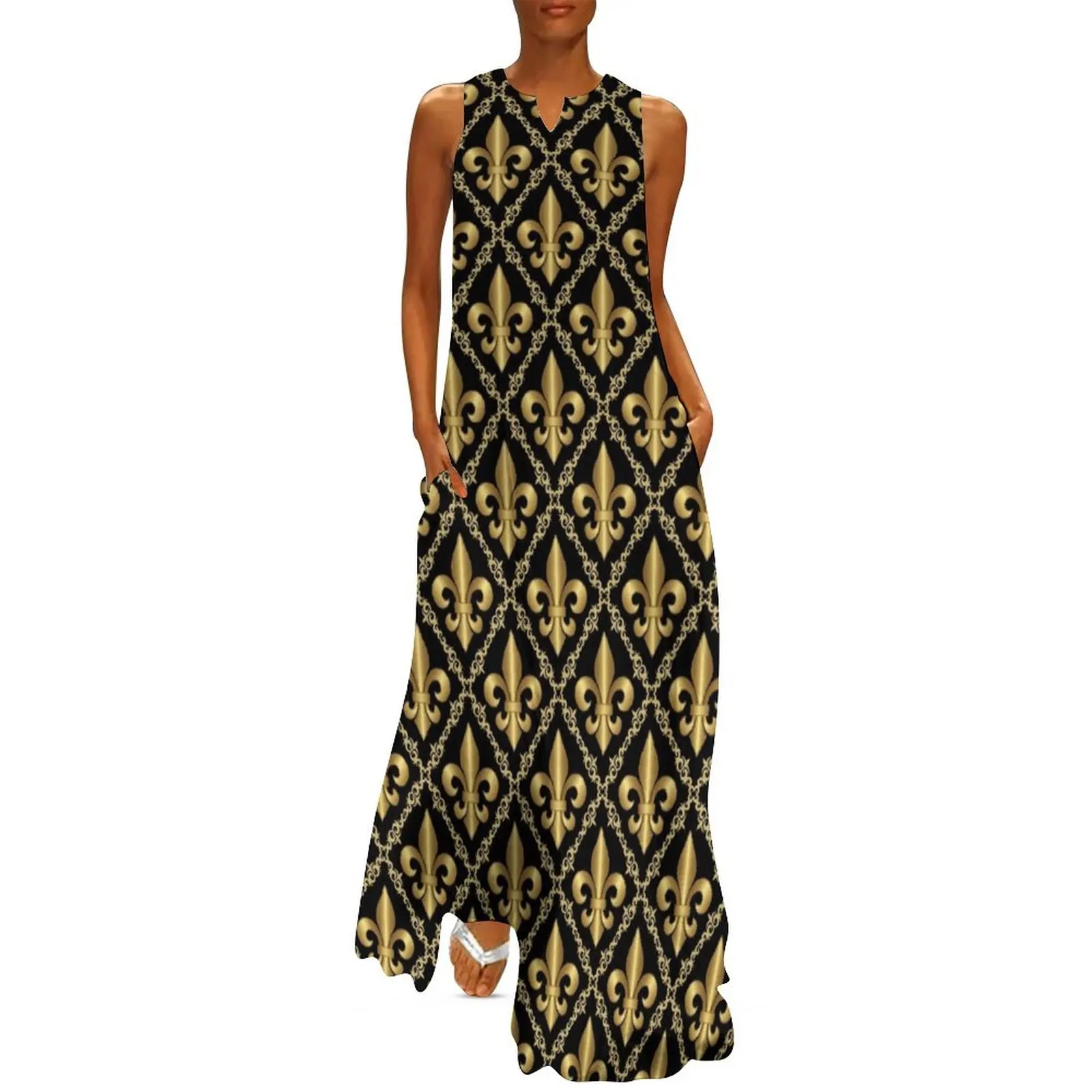 

Gold Fleur-de-Lis Pattern Long Dress elegant evening dresses for women 2024 elegant dresses plus sizes Women"s long dress