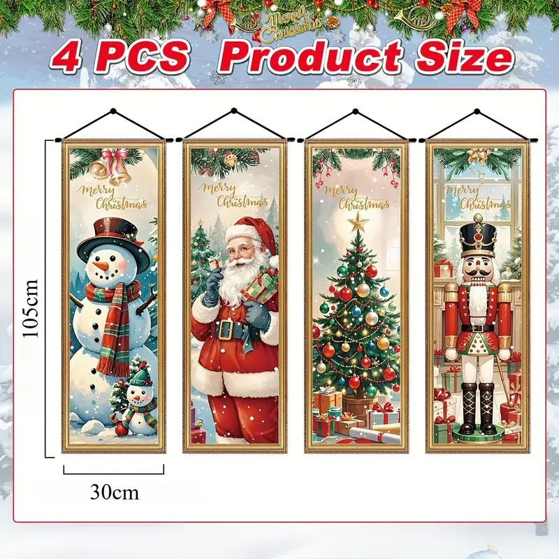 VIKAMA Merry Christmas Banner Snowman Santa Christmas Tree Nutcracker Vertical Wall Hanging Porch Outdoor Decor Xmas Holiday