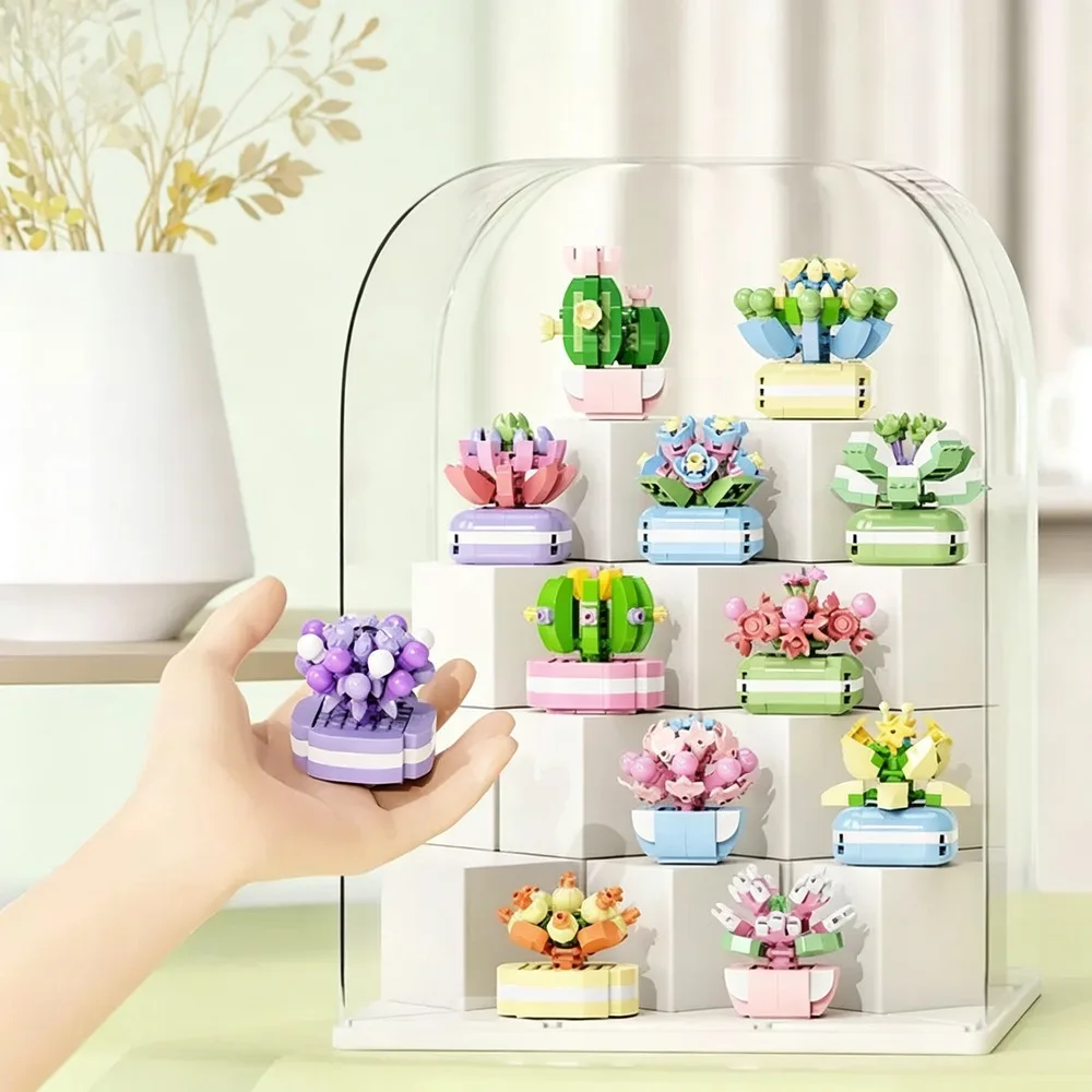 Plant Themed Micro Particle Building Blocks Assembly Potted Succulent Rose Lily Sunflower Eternal Flower Desktop Ornament Gift