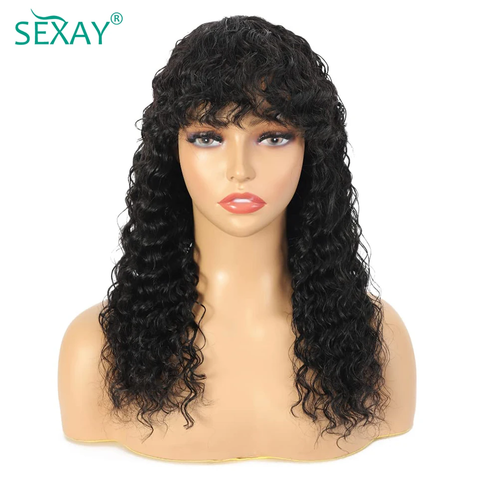 PU Fake Scalp Human Hair Wigs With Bangs 24 Sexay Brazilian Deep Wave Curly Bangs Human Hair Fringe Wig 180 Density For Women