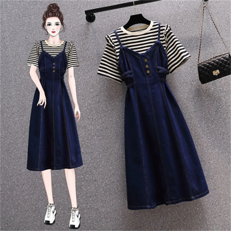 Vintage Large Size Women's Clothing Summer New Slim Striped t shirts +Denim Strap Dress Fashion Clothes Two-piece Suits jp63