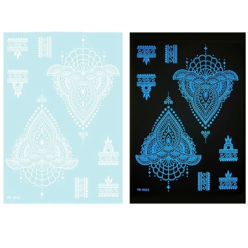 

6 Sheets Blue Luminous Henna Tattoo Stickers Lasting Sweatproof Mandala Temporary Tattoos Body Art White Lace Fake Tattoos Arm