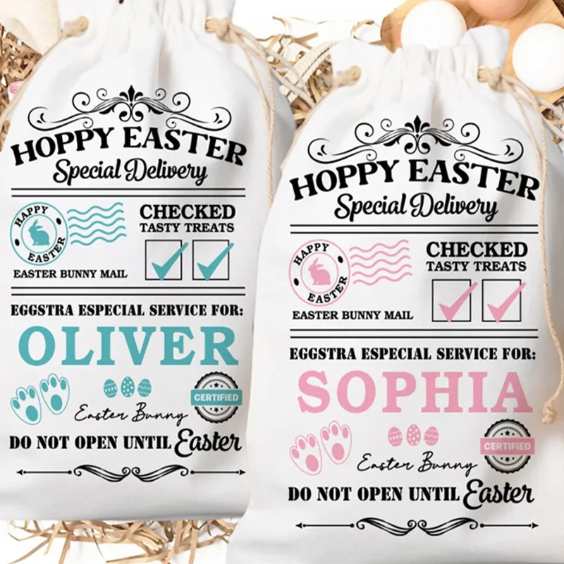 Personalised name Bunny rabbit Special Delivery bag happy Easter party decoration Egg Hunt basket kid boy girl gift Sack Bucket