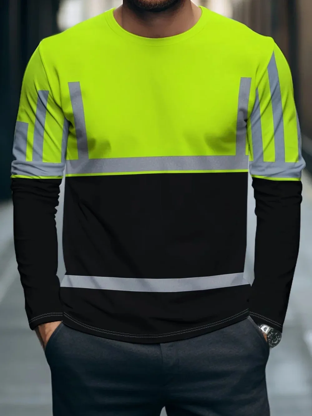 Creative Simulation Safety Reflective Strip 3D Print Breath QuickDry Men Long-Sleeved TShirt Street Casual Parent-Child Clothing