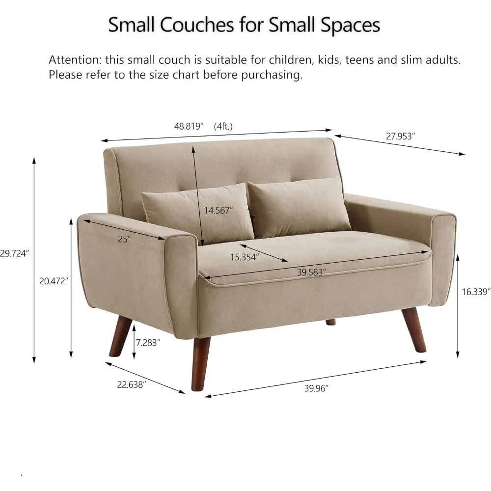 Sofá de dos plazas moderno de mediados de siglo con cojines traseros, patas de madera para espacio en la sala de estar