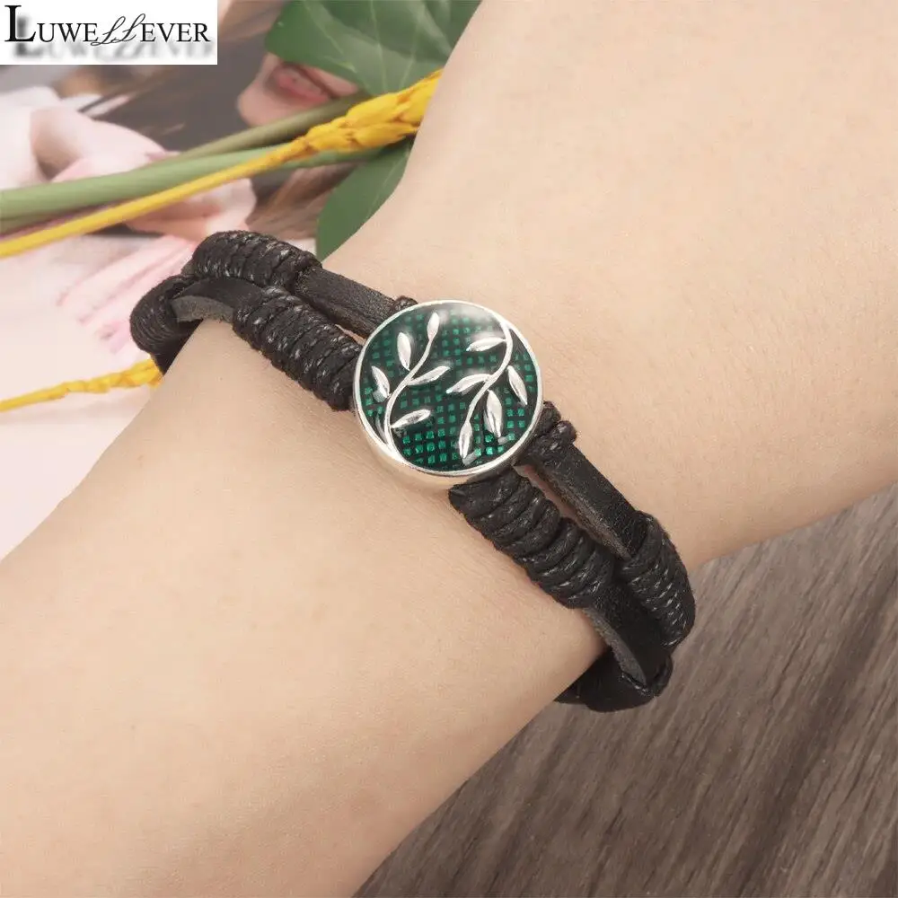 Black Weave 062 Real Genuine Leather Fit 18mm Snap Button Bangle Bracelet Charm Jewelry For Women Men Gift 21cm