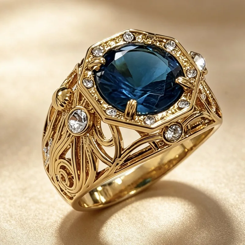 Jianjie Retro Middle Ages Blue Round Zirconia Rings for Women Gold Tone Hollow Banquet Party Wear Fashion Jewelry Accessories