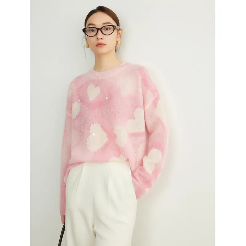 

Love Printed Mohair Wool Sweater Autumn Winter Women Nail Bead Round Neck Pullovers Loose Knit Tops