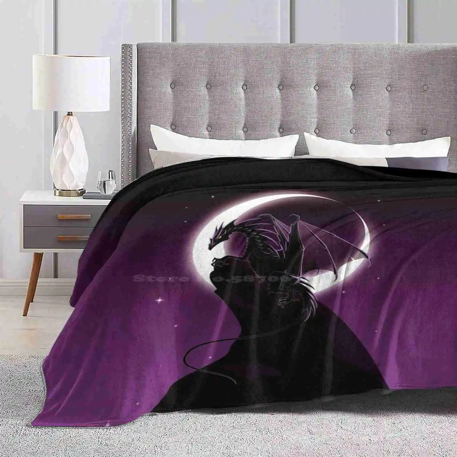 Purple Dragon New Arrival Fashion Leisure Warm Flannel Blanket Black Cool Dark Dragon Fantasy Modern Moon Mountain Purple Stars