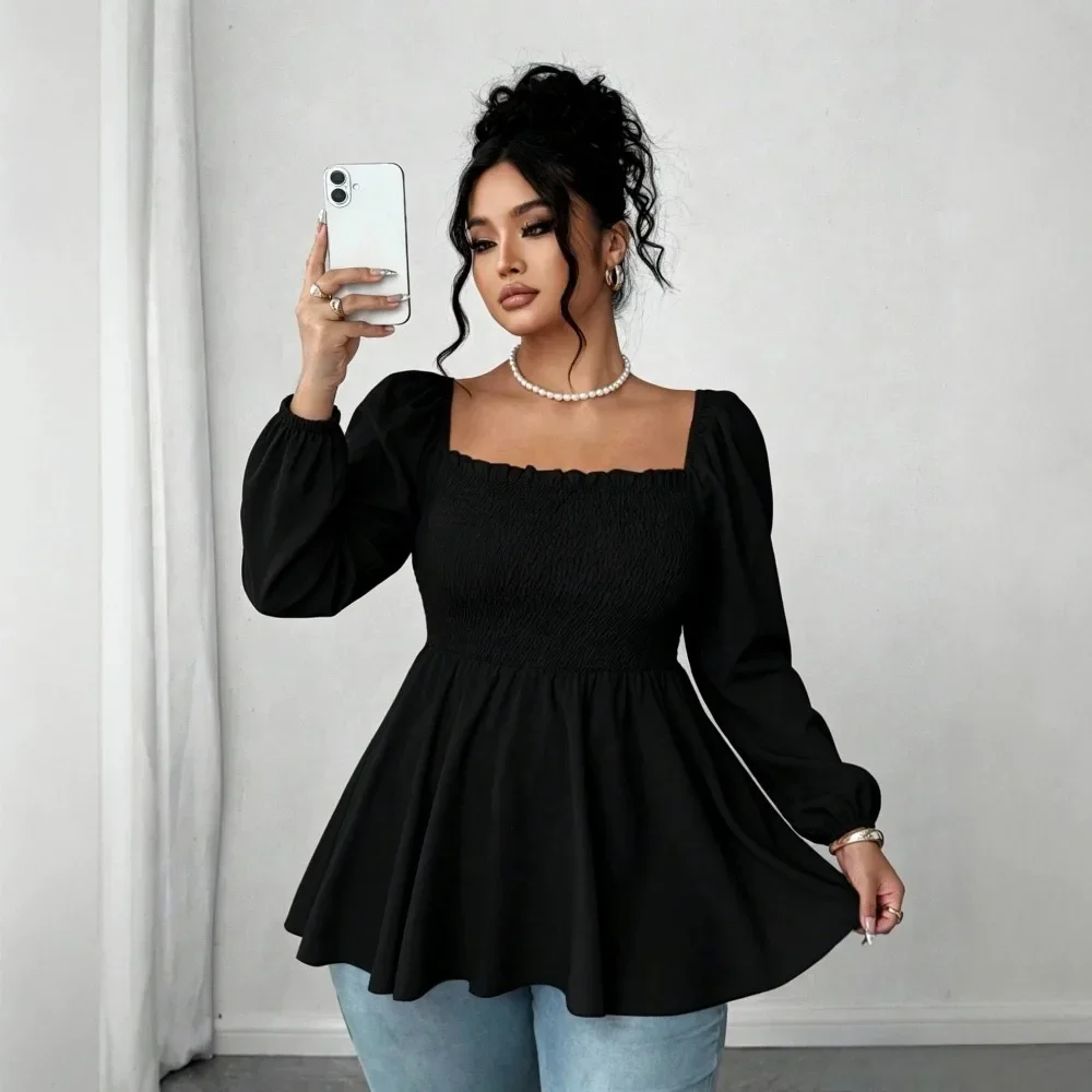 Women New Ruched Square Neck Long Sleeve Blouse Sweet Versatile Casual Flattering Daily Streetwear Top