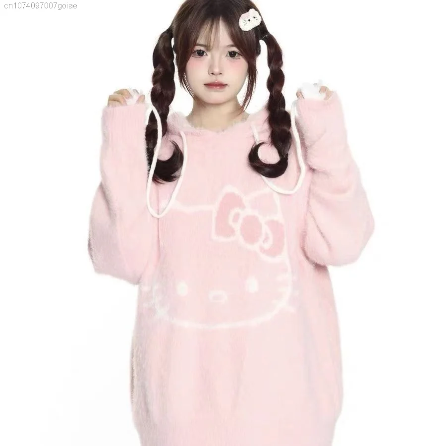 Sanrio Hello Kitty-suéter con capucha y manga de retales para mujer, jerséis informales holgados de Jacquard para otoño, sudaderas con capucha de punto para estudiantes