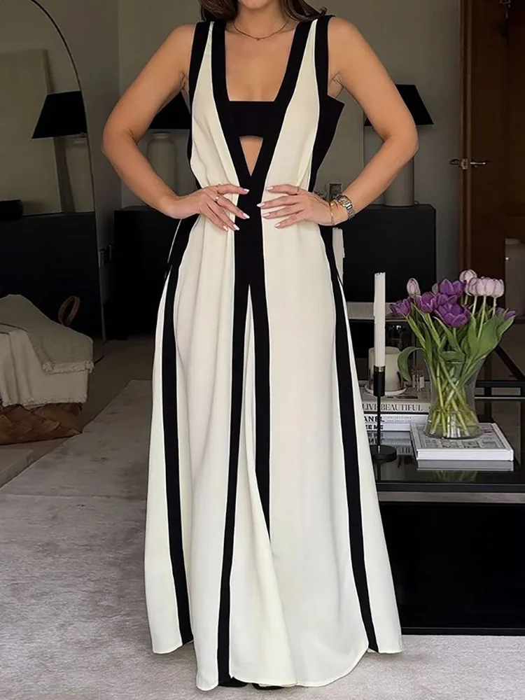 

V-Neck Backless Loungewear Party Dress, Women Summer Elegant Patchwork Simple Maxi Dress, 2024 Sleeveless Loose Fit Ladies Dress