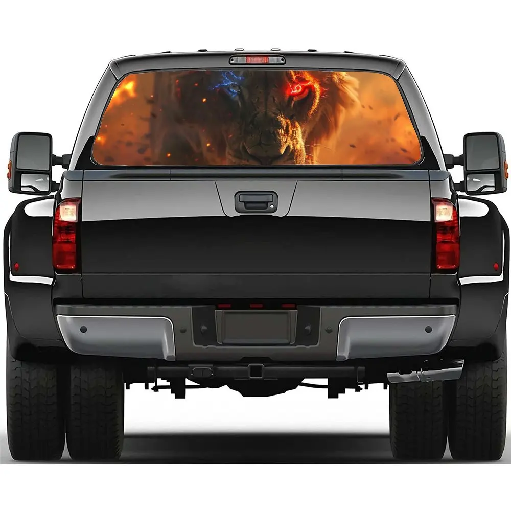 

Лев с красными и синими глазами, наклейка на заднее лобовое стекло автомобиля, окно грузовика, прозрачная перфорированная виниловая наклейка на заднее окно, украшение