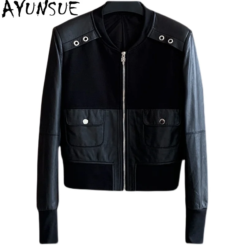 AYUNSUE Vestes en peau de mouton véritable Femme 2025 Automne Mode Patchwork Veste de baseball en cuir Femme Vêtements de haute qualité 가자켓 킹