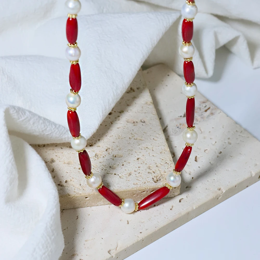 Red Coral Pearl Necklace 18K Gold Plated Copper Chain, Natural Jewelry with Freshwater Pearls, Hypoallergenic Gift for Women