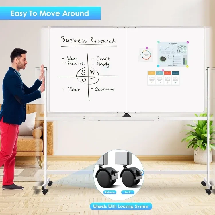 Rolling Whiteboard, 72x48 Large Double-Sided White Board Dry Erase on Wheels, Giant Magnetic White Board Standing for Office