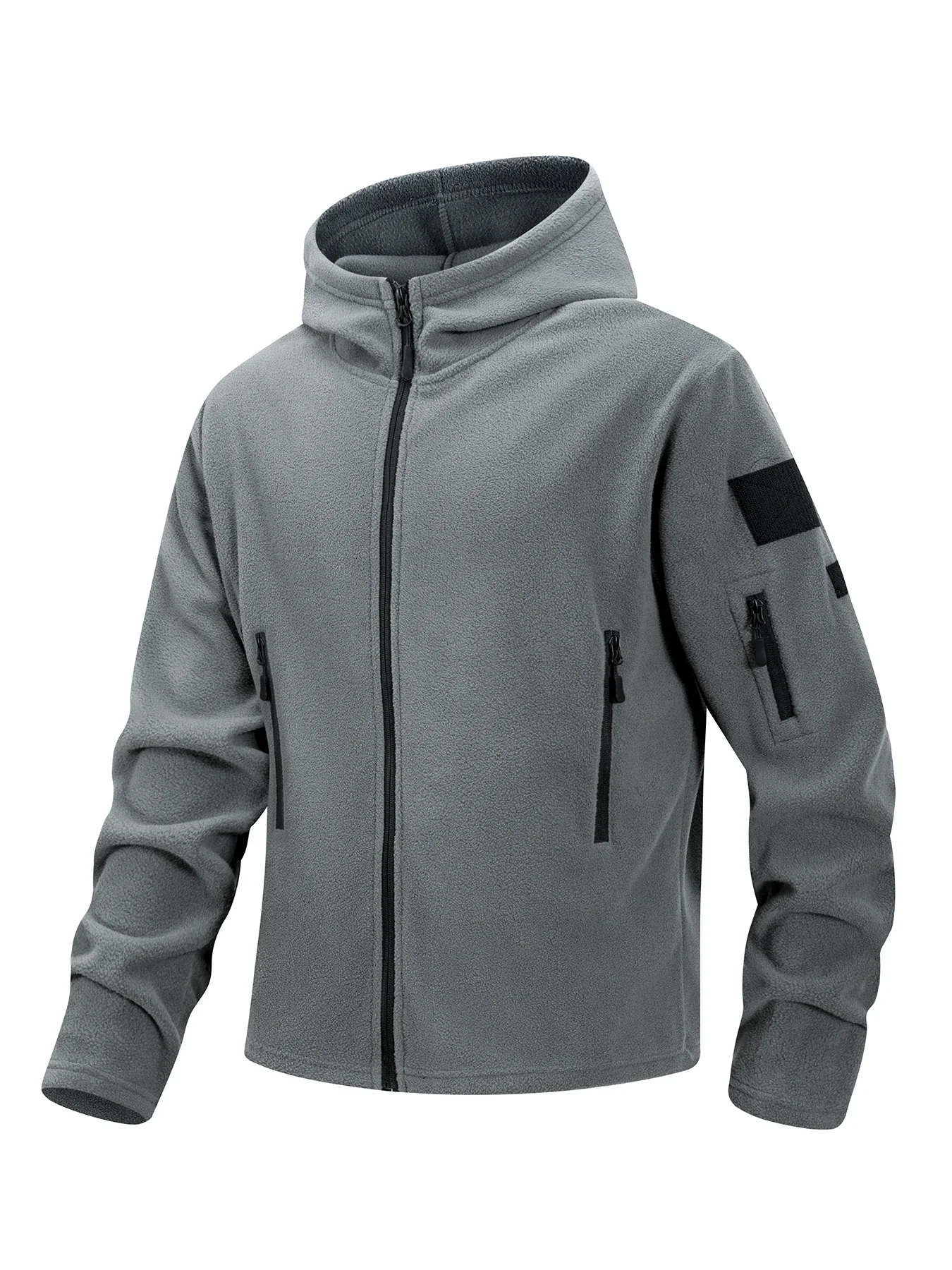 Men's Hiking Tactical Fleece Full Zip Hooded Jacket Multi-Zipper Pockets Design Autumn Winter Warm Outdoor Sports Coat for Men