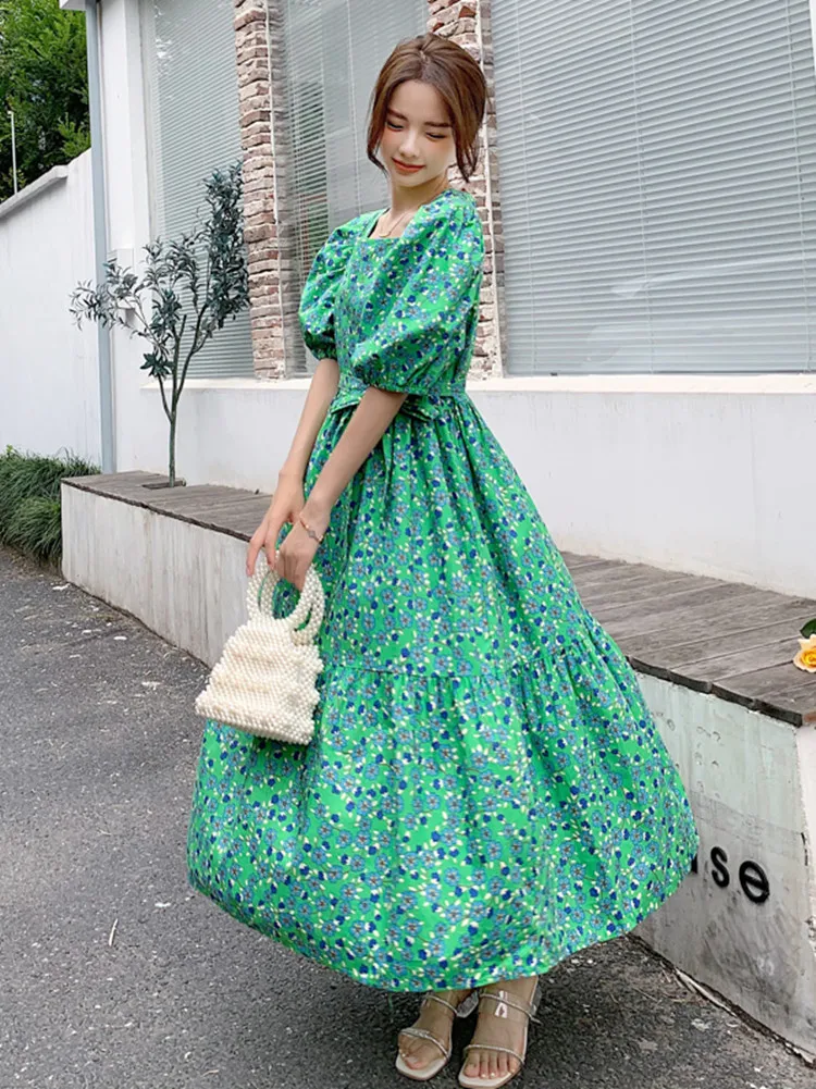 Oversize Print Floral Puff Sleeve Dress Women A-Line Green Maxi Dresses Harajuku Korean Purple Vestidos Mujer Verano Frau Kleid