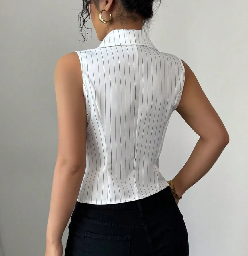 Nueva moda 2025 camisetas elegantes sexis camisa sin mangas a rayas camisa ajustada cárdigan Top