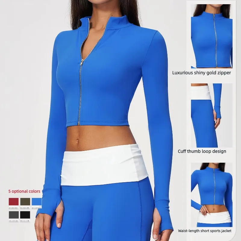 Women's Yoga Fitness Running Workout Gym Long Sleeved Top T-shirt Zip Up Stand Collar Crop Top Slim Fit Thumb Holes Activewear