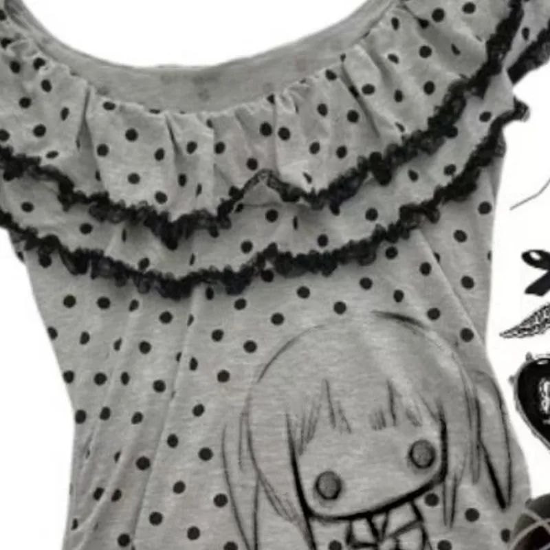 Camisetas con estampado de dibujos animados Kawaii de subcultura japonesa, camisetas de manga corta de lunares Harajuku, Top Retro de Lolita, ropa dulce para mujer