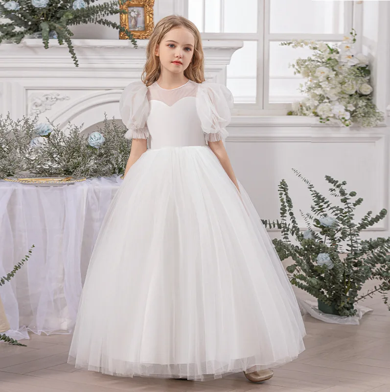 Big Bowknot Princess Dress Flower Girl Wedding Dress Bridesmaid Elegant White Dress For Girls Baptismal Costume Evening Gown