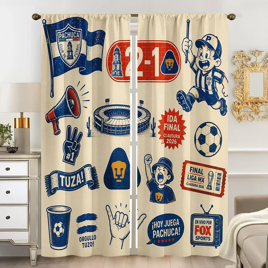 2PCS Curtains, Cartoon Vintage Pachuca Football Print with Team Flag, Match Score 2-1, Stadium, Cartoon Player, Megaphone, Socce