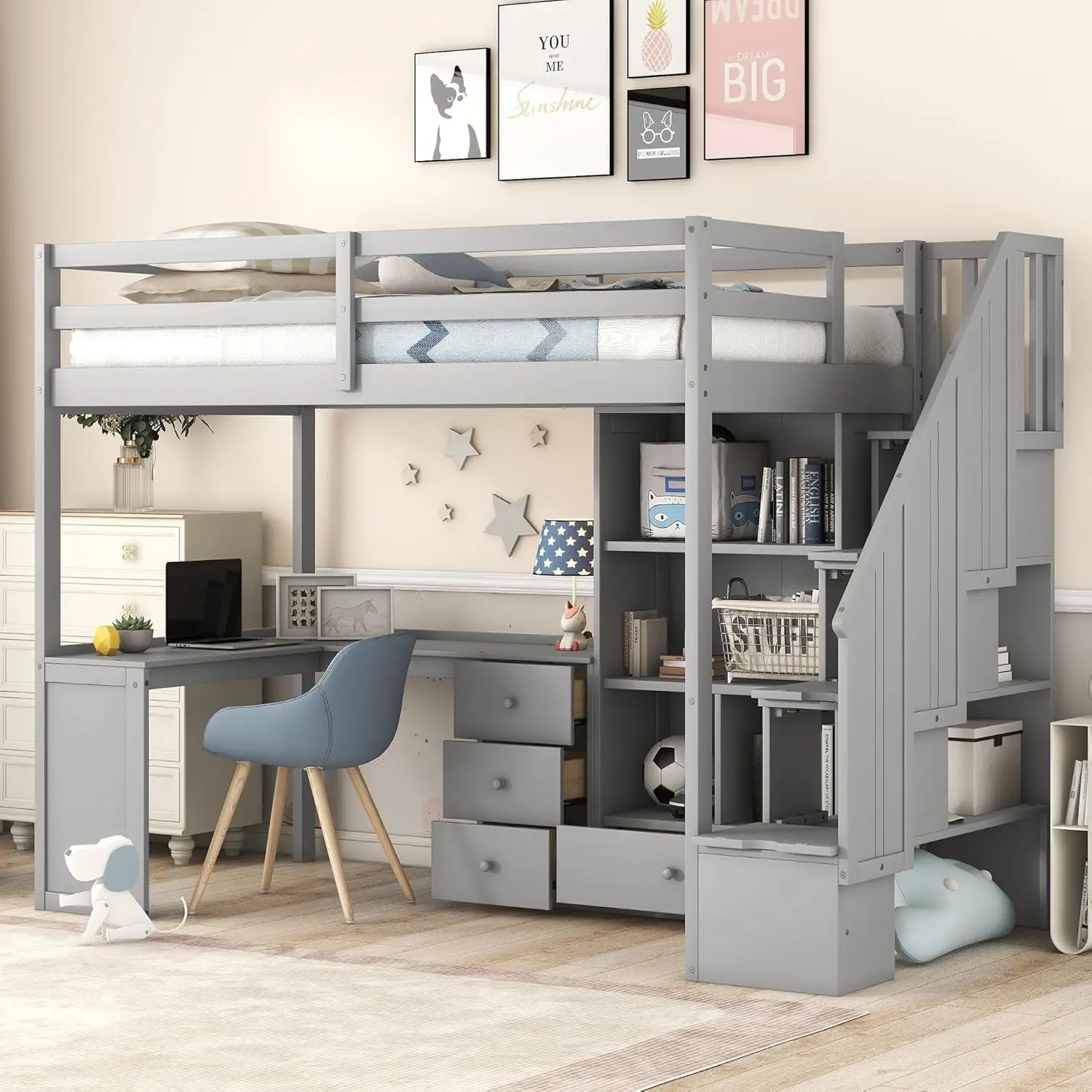 Twin Loft Bed with Stairs and L-Shaped Desk, Wood Loft Bed with Storage Staircase, Twin Size Loft Bed with Bookcase