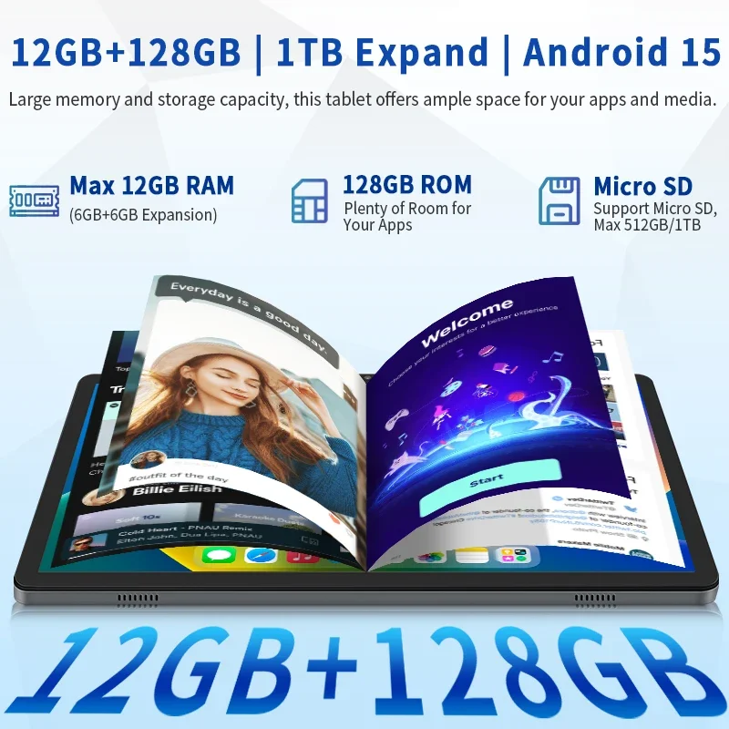 Tablets, 10.1inch Android 15 Tablet with 12GB RAM 128GB ROM 1TB Expand Octa-Core, Widevine L1,1280*800Incell Touchscreen,Wi-Fi 6