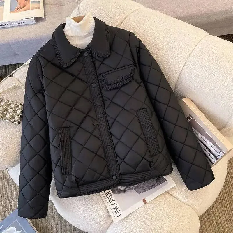 Krótka, lekka kurtka puchowa na jesień i zimę, elegancka, w stylu małej perfumowanej odzieży, nowa odzież bawełniana, modny kołnierz wykładany.