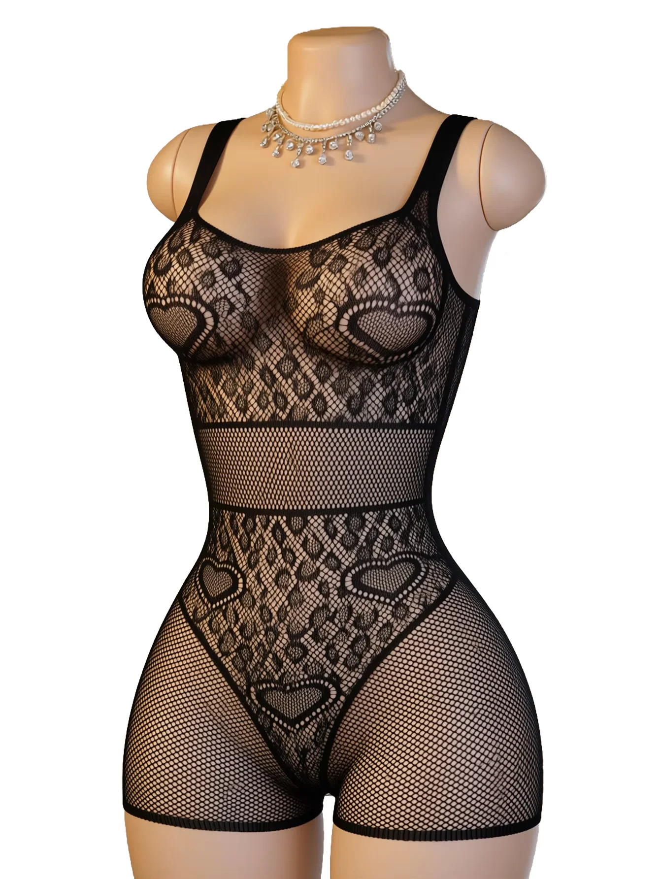 Women's Sexy Leopard Heart Print Bodysuit, Thin Strap Sheer Mesh Lingerie for Romantic Night Parties (One Size 88‑132 lbs)