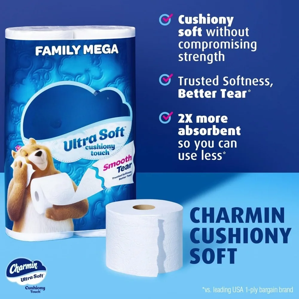 ورق تواليت فائق النعومة يعمل باللمس، 18 لفة ميجا عائلية = 90 لفة عادية