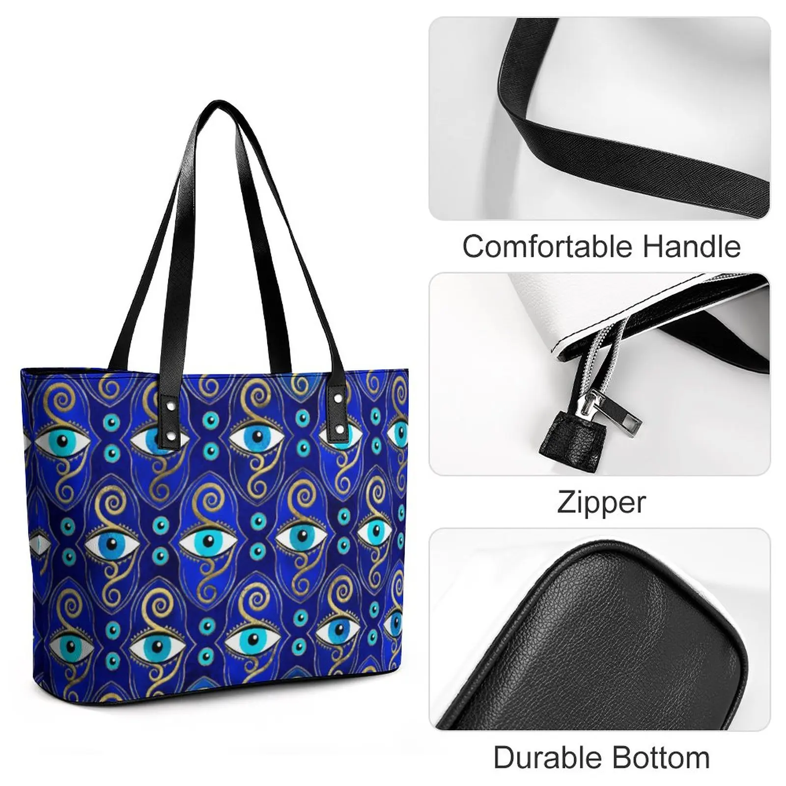 Blue Evil Eye Charm Handbags Greek Amulet PU Leather Shoulder Bag Lady Office Print Tote Bag Belt Cool Beach Bags