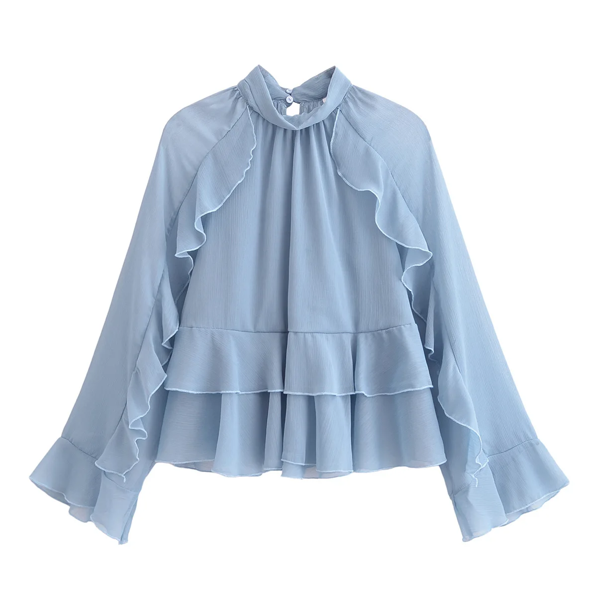 

2025 Spring Women's Layered Decorative Wooden Ear Stand Collar Long-sleeved Shirt