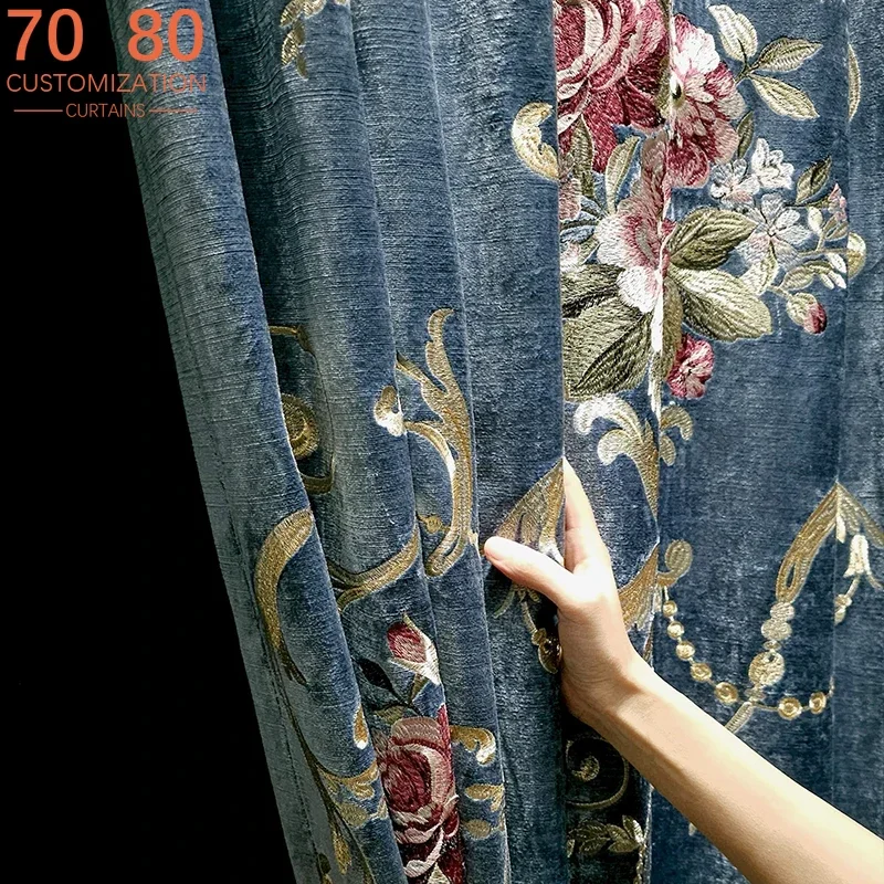 French Court Luxury Senior Blue Embroidery Thickened Curtains for Living Room Bedroom Villa Decorative Partition Customised