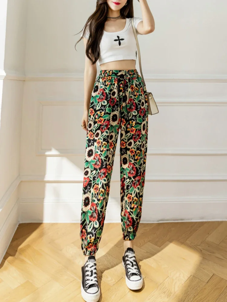 JMPRS Chiffon Corset Pants Women's 2022 Summer Fashion All-match Printed Ice Silk Nine Points Casual High Waisted Harem Pants