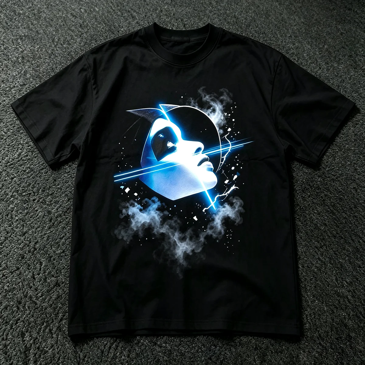 Cyberpunk Neon Blue Face Lightning T‑Shirt Glowing Futuristic Smoke Spark Graphic Techwear Streetwear Unisex Cotton Short Sleeve Tops for Men Women