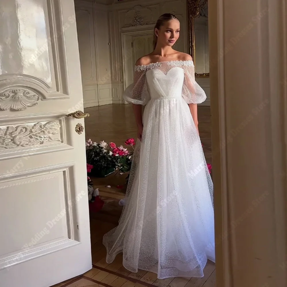 

Off Shoulder A-Line Women Wedding Dresses Fashion Lace Flower Printing Tulle Bridal Gowns Banquet Vestidos De Novias Customized