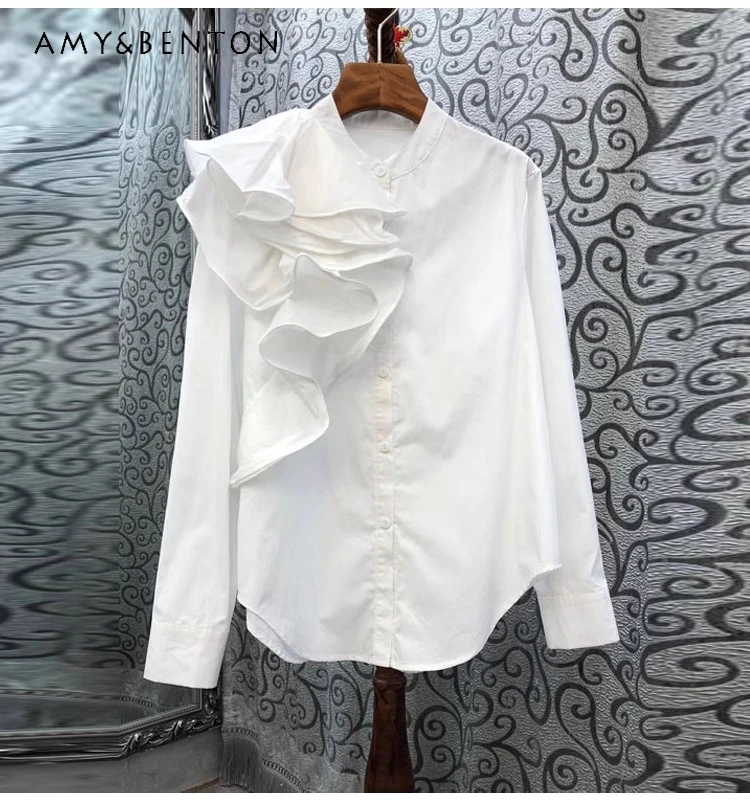 French Ruffled Stitching Long Sleeve Stand Collar Blouse Women Spring New Graceful Versatile White Shirt Office Lady Camisas