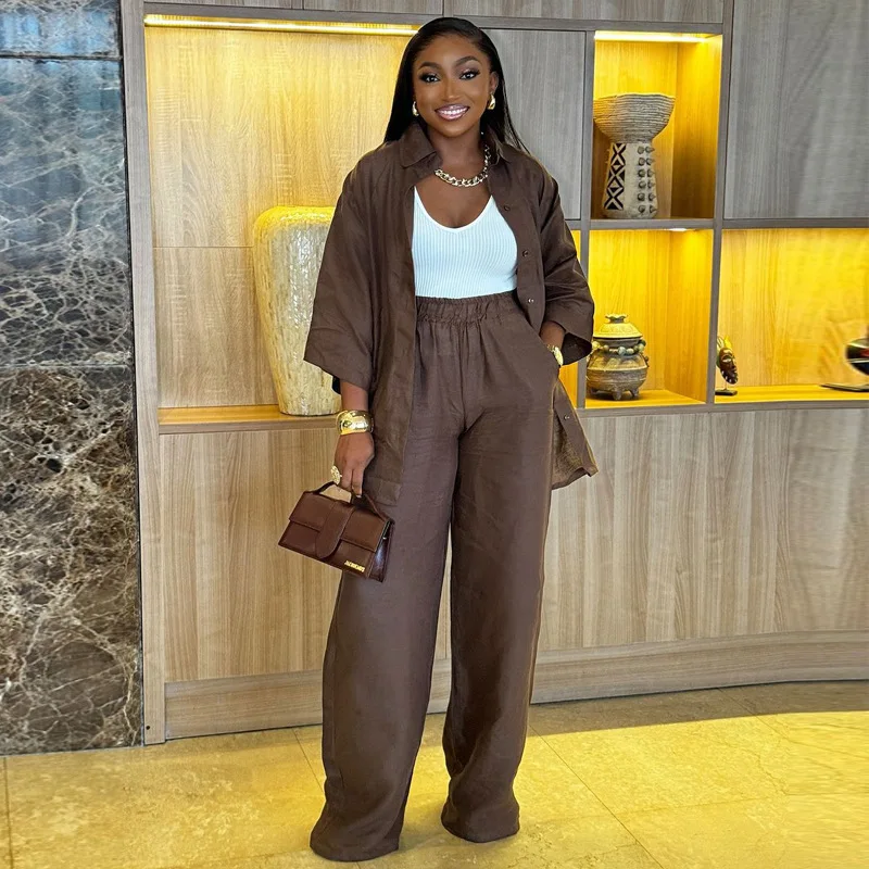 Zestaw bawełniany lniany damski Wiosna Lato Luźny Oversize Koszula z długim rękawem Długie spodnie 2-częściowy zestaw Casual Office Ladies Trousers Suit