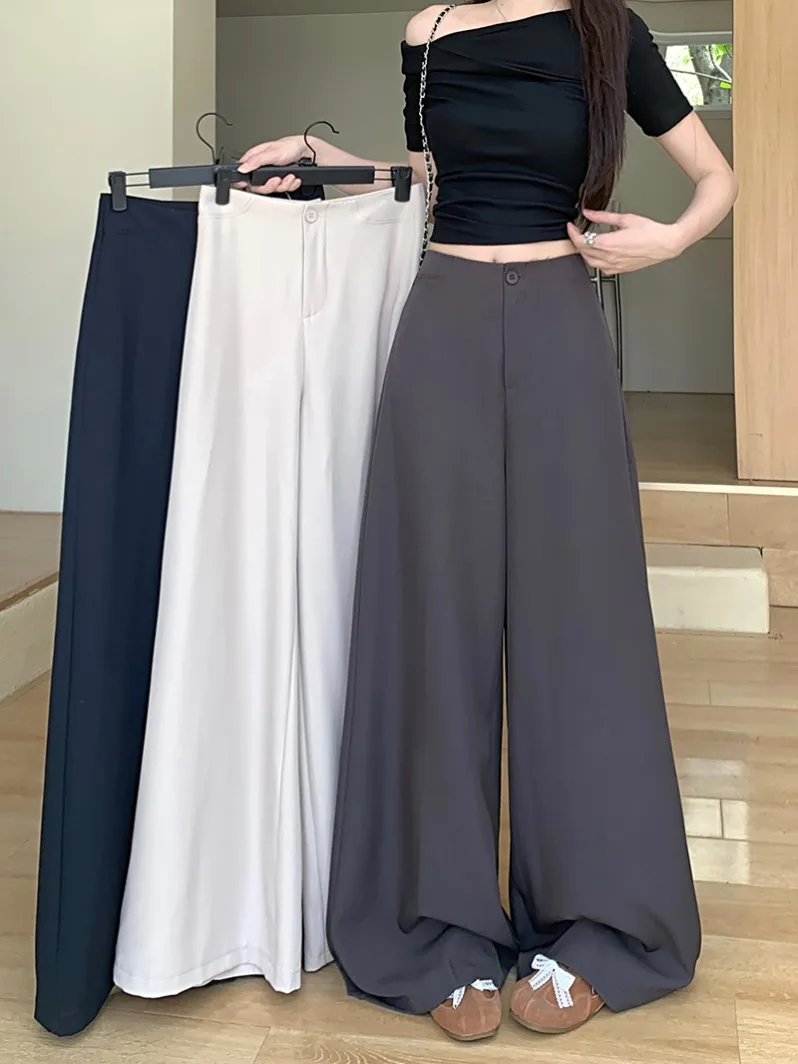 

Брюки с высокой талией и широкими штанинами, длиной в пол, свободного кроя, универсальные повседневные брюки с эффектом похудения, в корейском стиле, женские, лето 2026